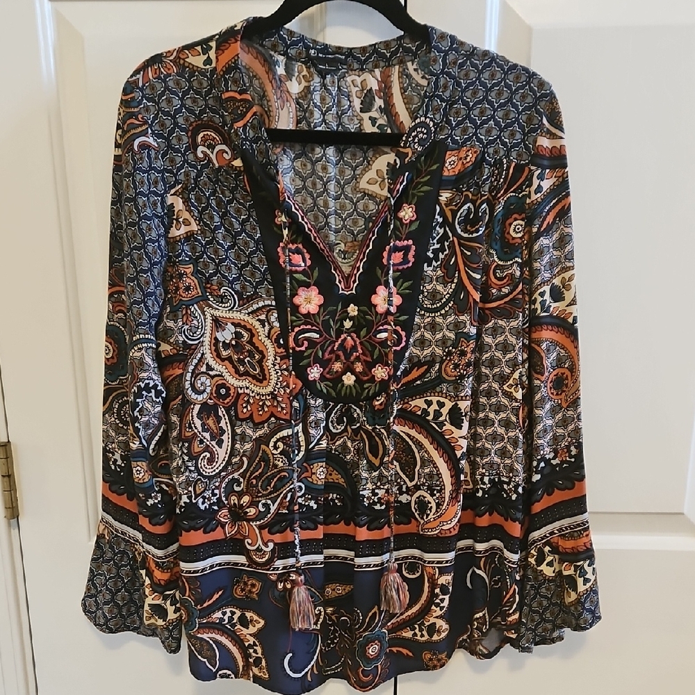 Multicolor Paisley Blouse With Embroidered Floral Accents